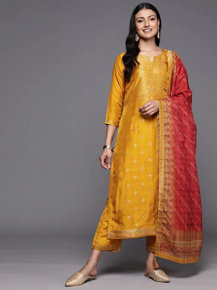 Mustard Self Design Silk Blend Straight Suit Set With Trousers - Libas