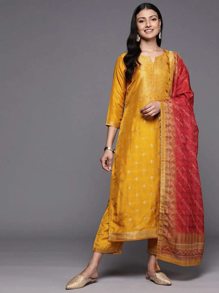 Gerua Mustard Self Design Silk Blend Straight Kurta With Trousers & Dupatta