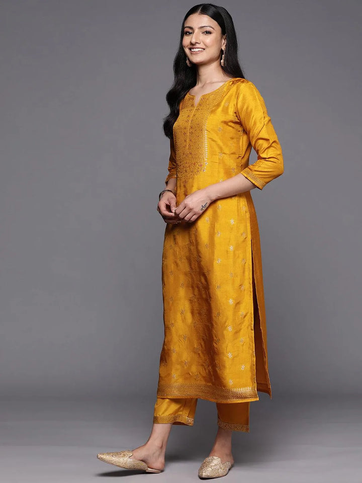 Mustard Self Design Silk Blend Straight Suit Set With Trousers - Libas