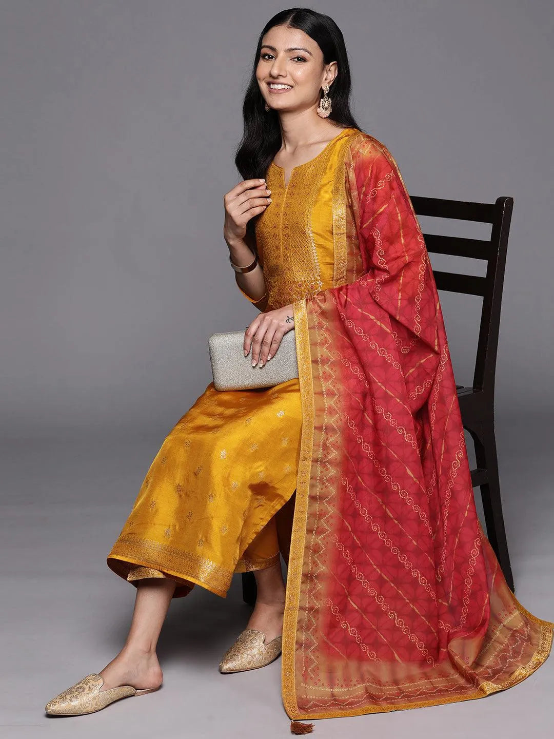 Mustard Self Design Silk Blend Straight Suit Set With Trousers - Libas