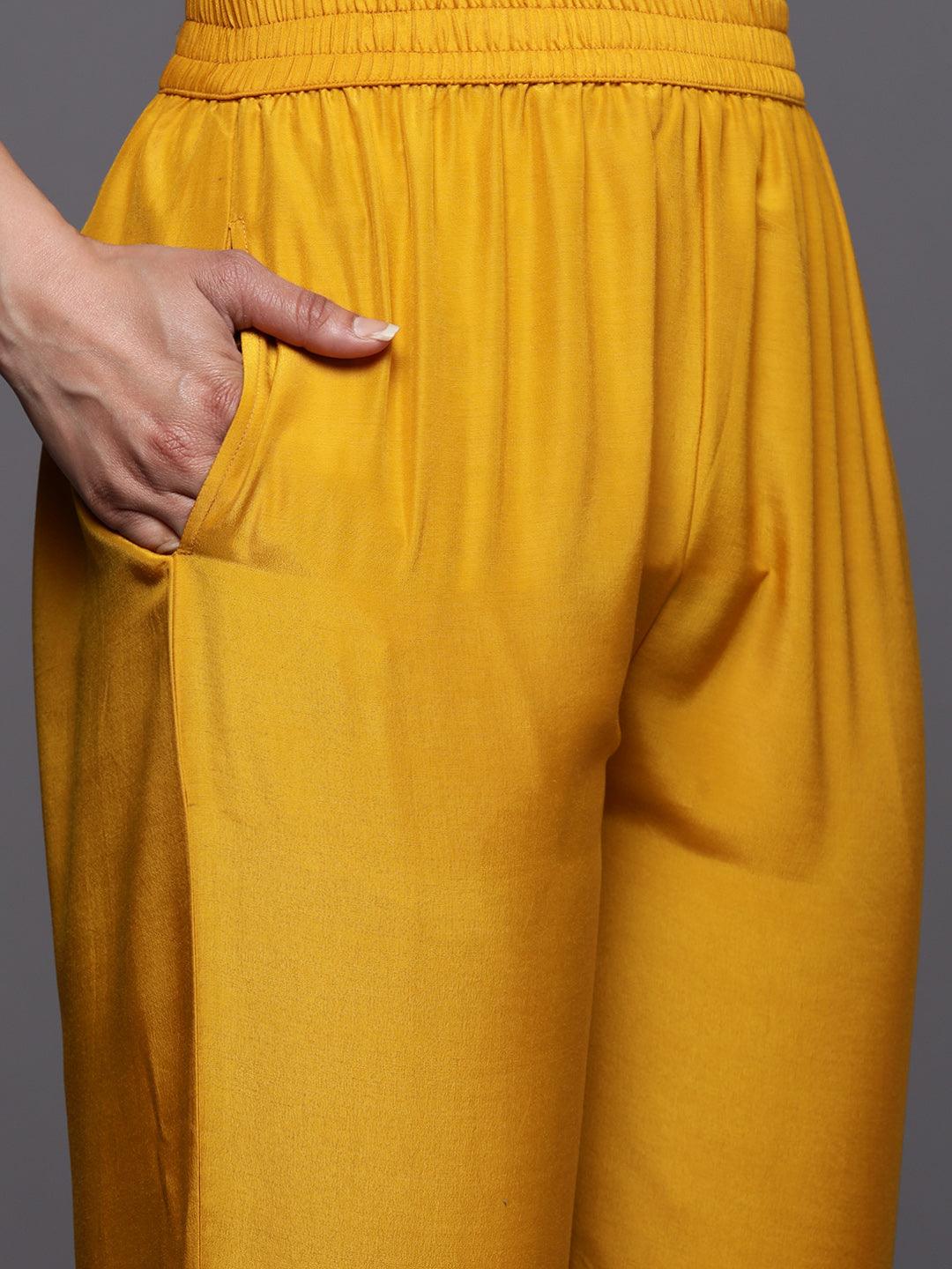 Mustard Self Design Silk Blend Straight Kurta With Trousers & Dupatta