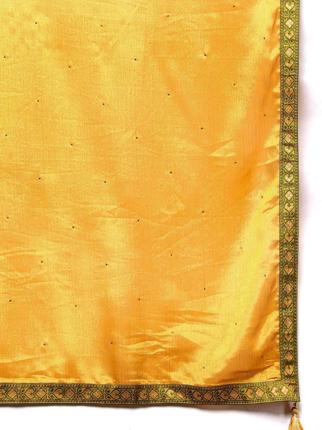 Mustard Self Design Silk Blend Straight Kurta With Trousers & Dupatta