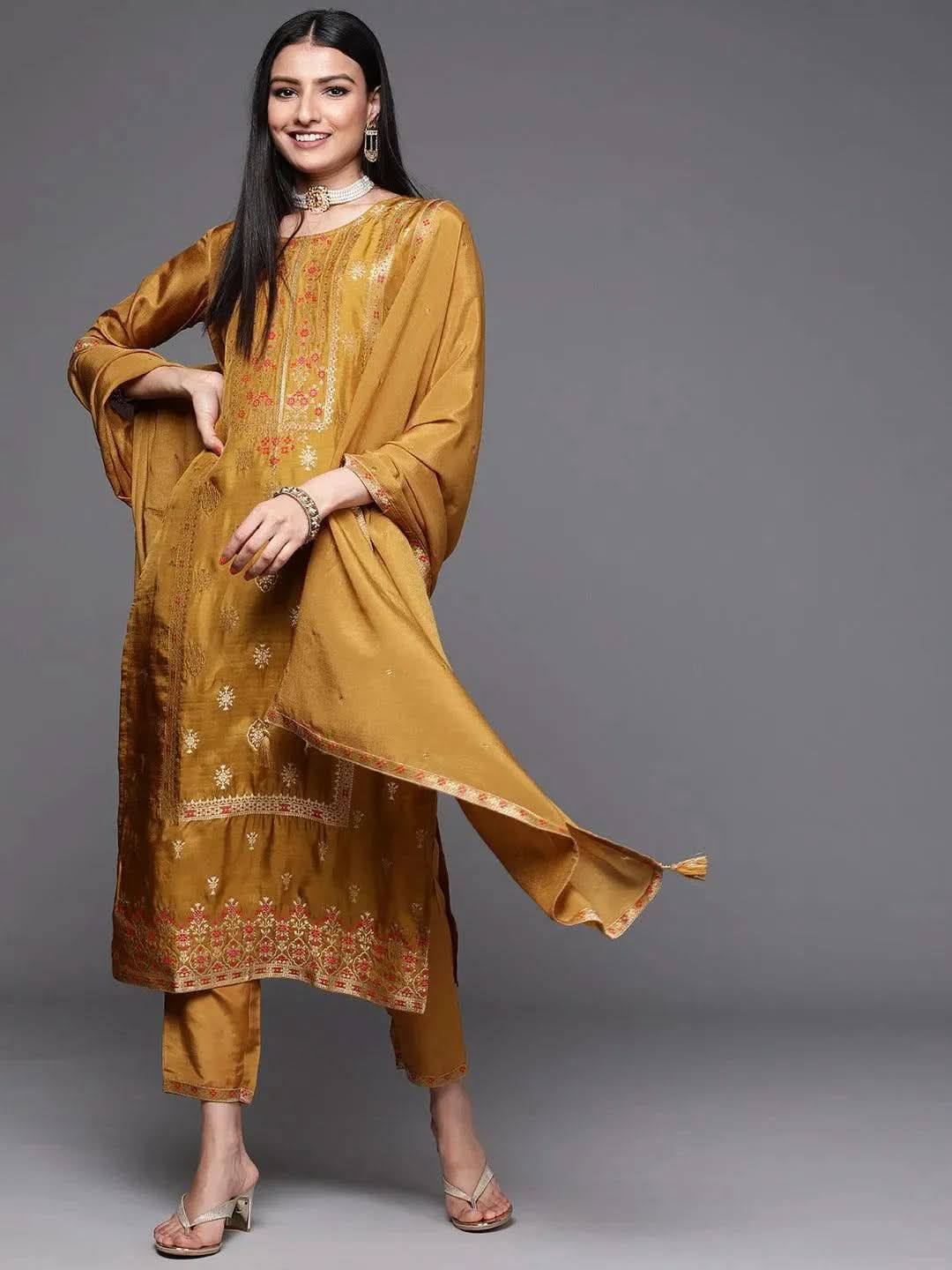 

Mustard Self Design Silk Straight Kurta With Dupatta