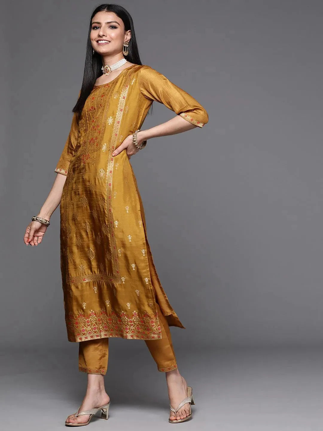 Mustard Self Design Silk Suit Set - Libas