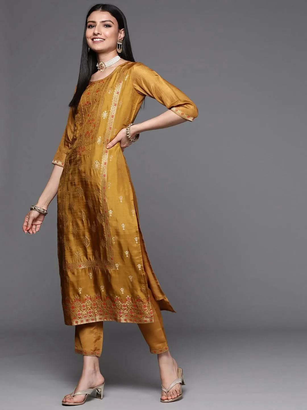 

Mustard Self Design Silk Straight Kurta With Dupatta