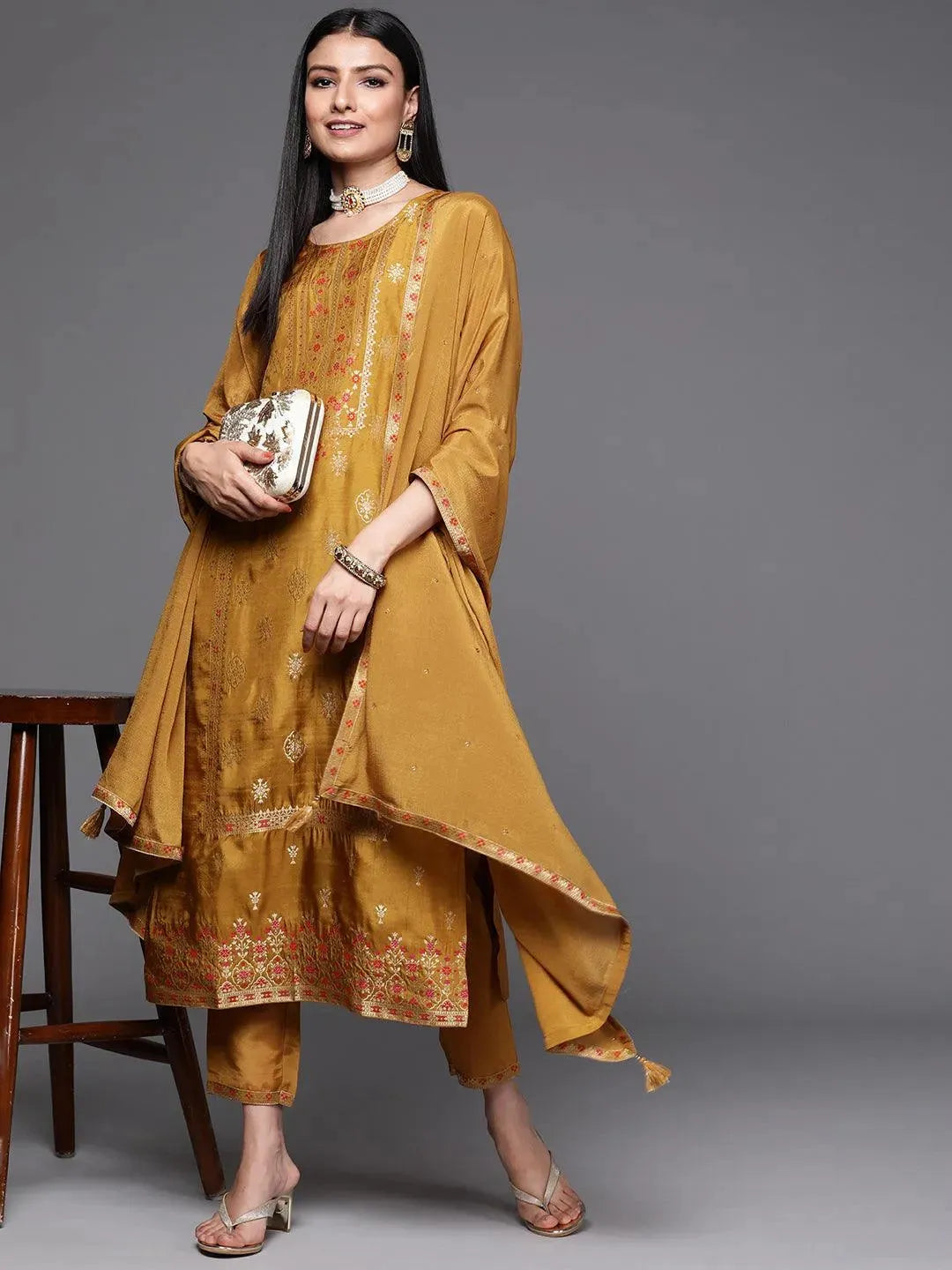 Mustard Self Design Silk Suit Set - Libas