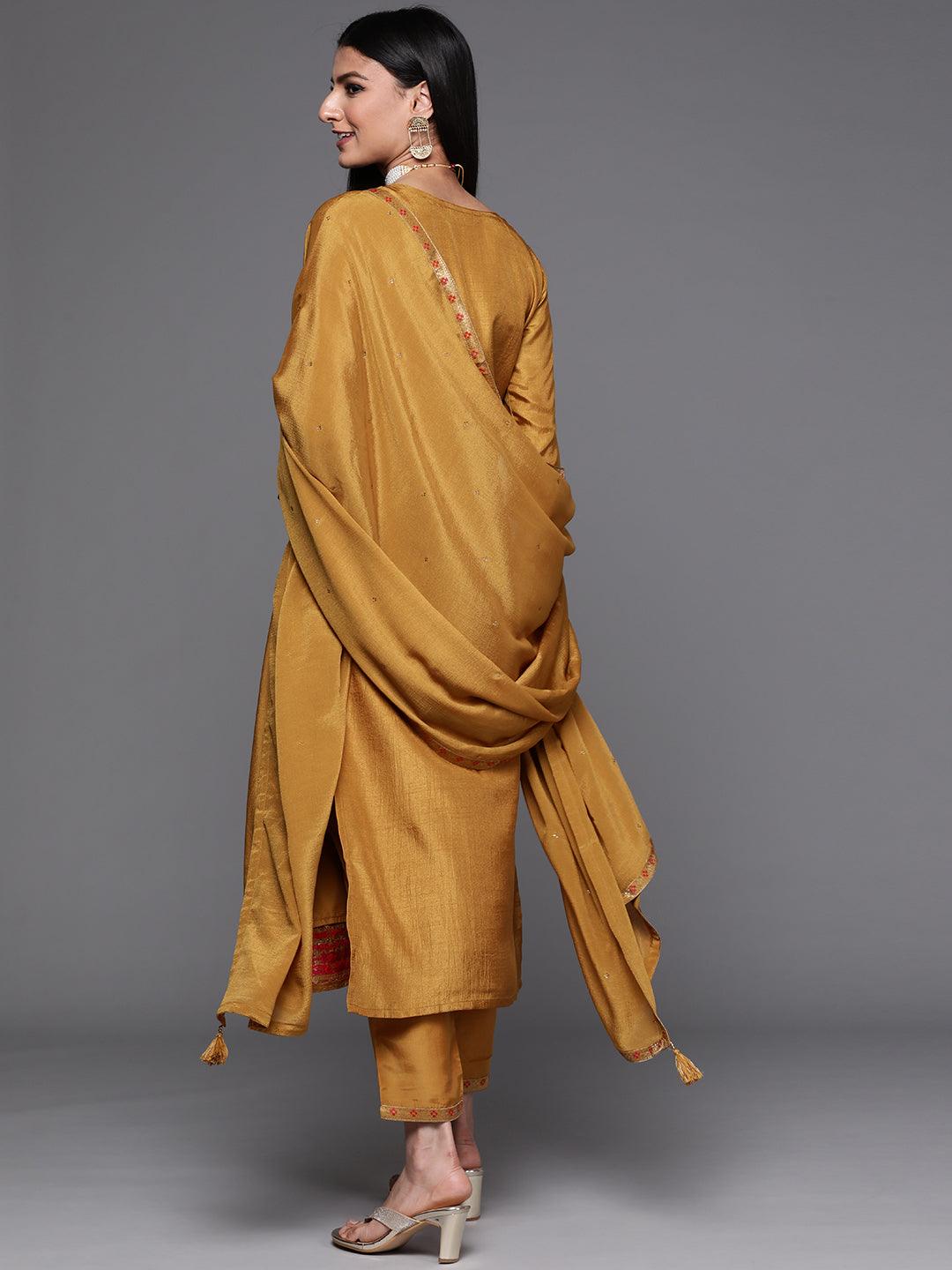 Mustard Self Design Silk Suit Set - Libas