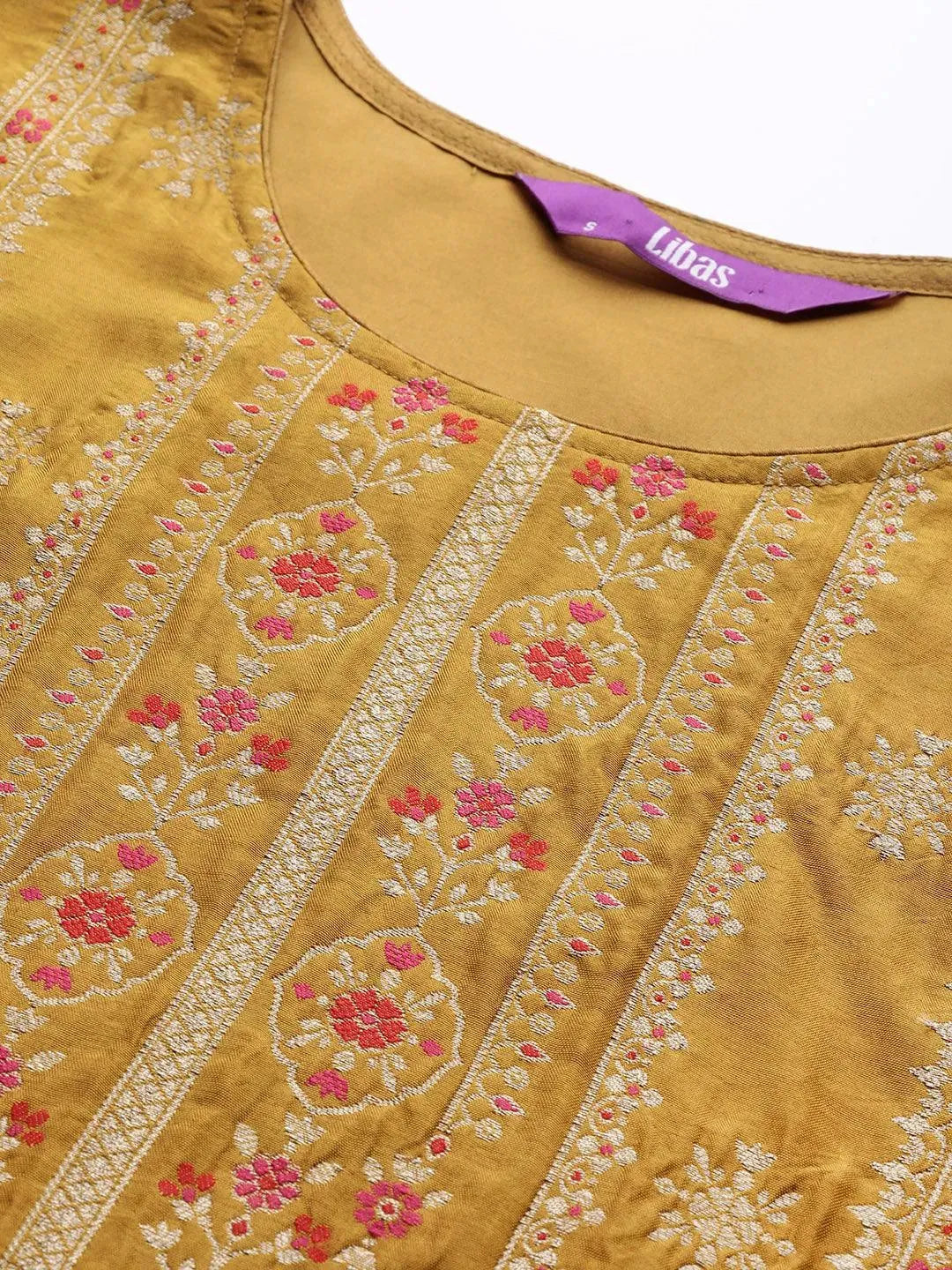 Mustard Self Design Silk Suit Set - Libas 