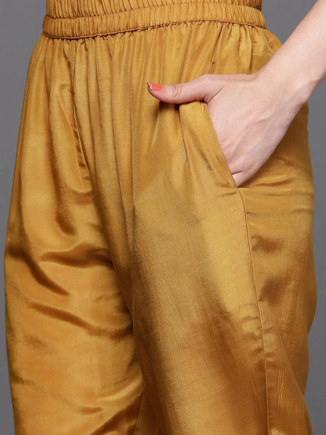 Mustard Self Design Silk Suit Set - Libas 