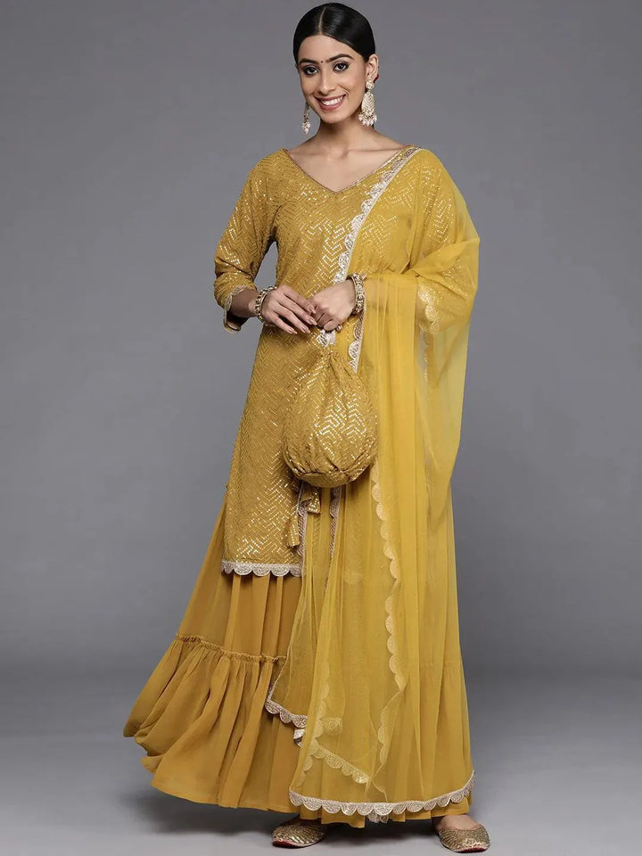 Mustard Sequinned Georgette Straight Sharara Suit Set With Potli - Libas