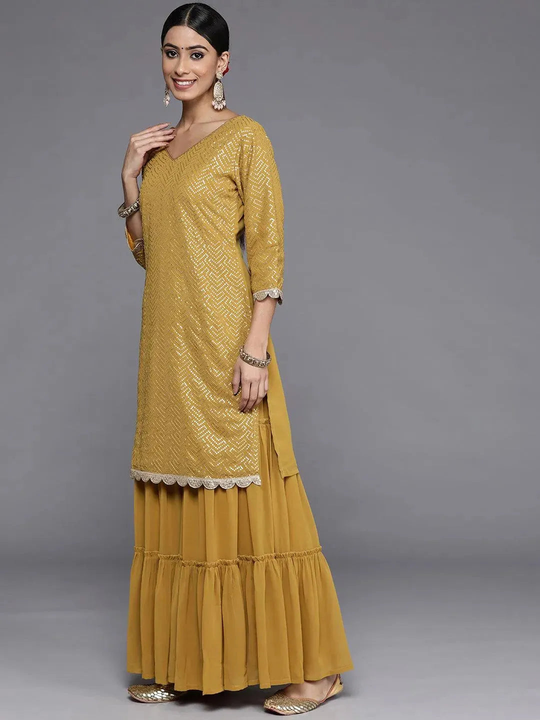 Mustard Sequinned Georgette Straight Sharara Suit Set With Potli - Libas 
