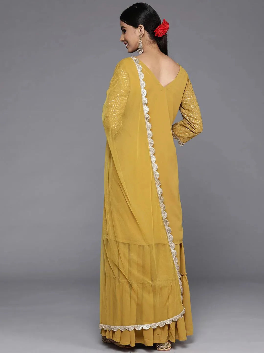Mustard Sequinned Georgette Straight Sharara Suit Set With Potli - Libas 