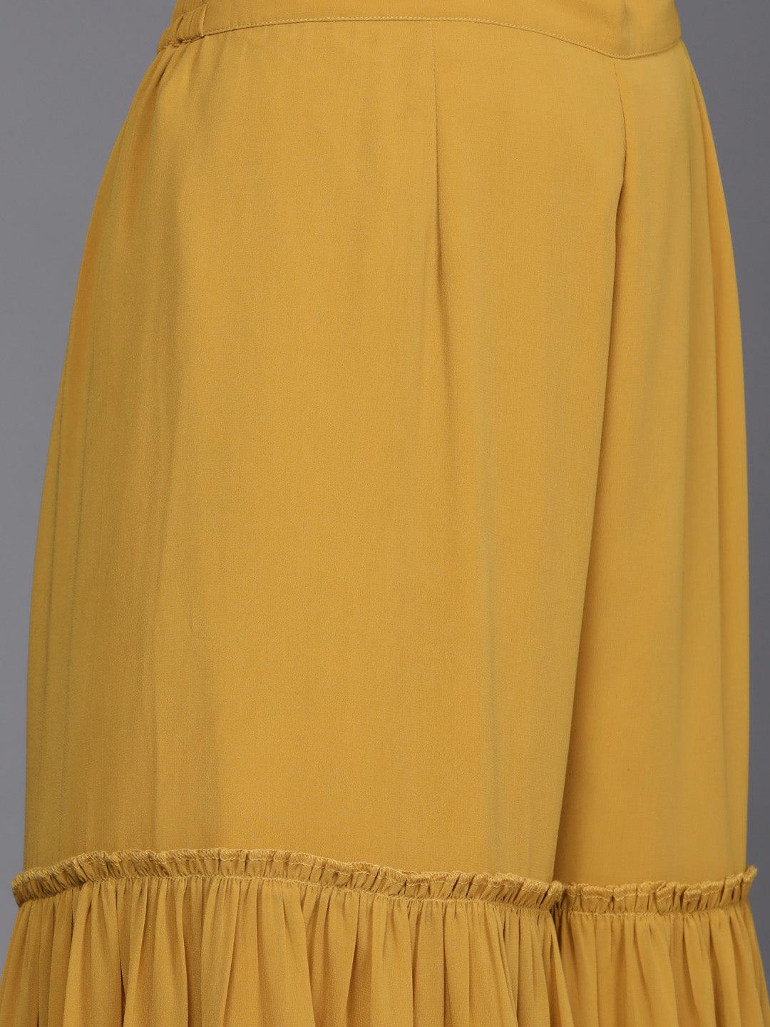 Mustard Sequinned Georgette Straight Sharara Suit Set With Potli - Libas