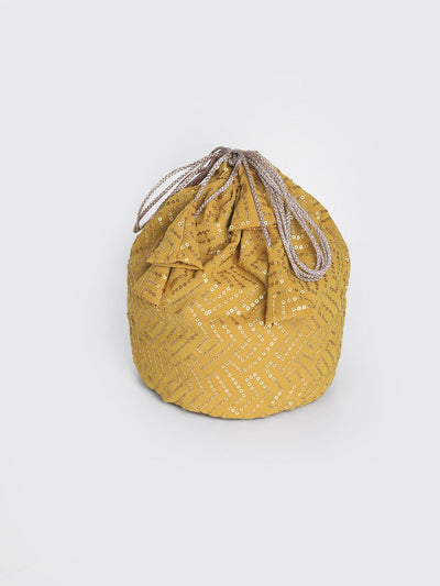 Mustard Sequinned Georgette Straight Sharara Suit Set With Potli - Libas