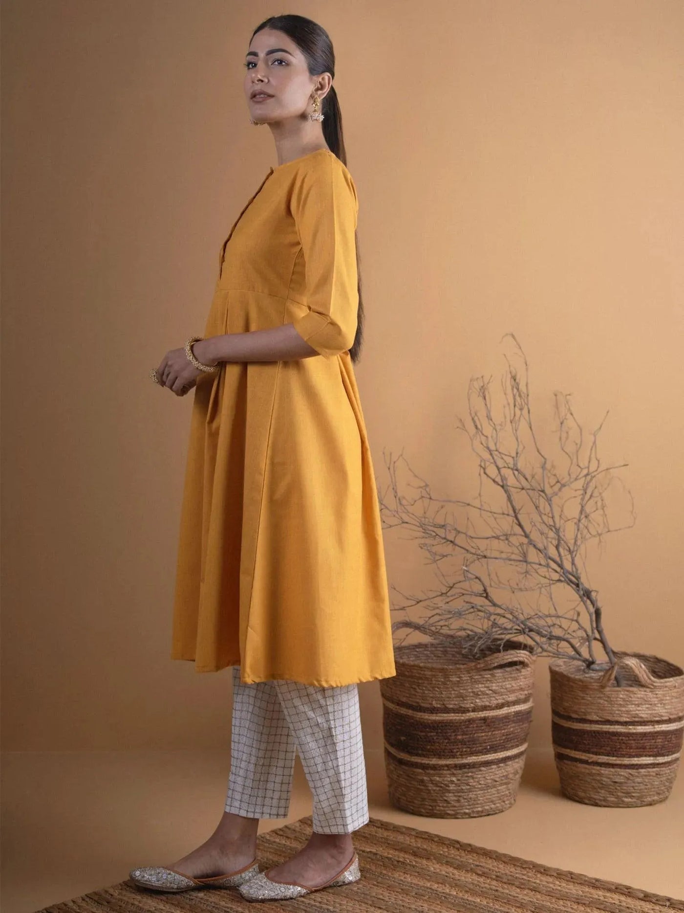 Mustard Solid Cotton Kurta - Libas