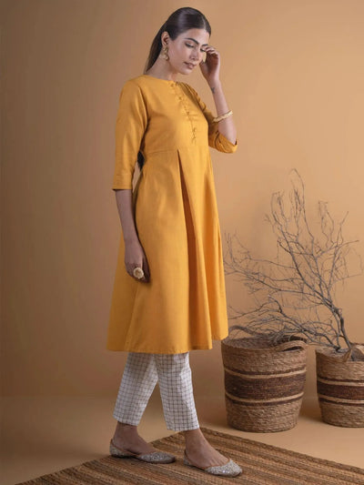 Mustard Solid Cotton Kurta - Libas