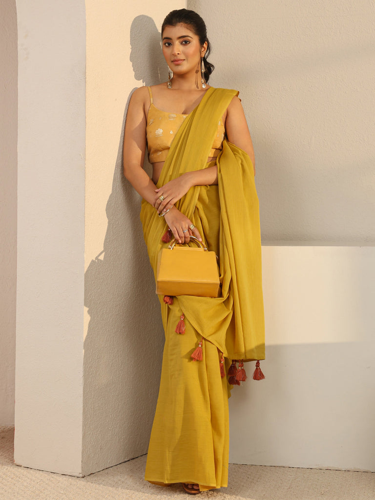 Libas Mustard Solid Cotton Tassel Saree With Unstitched Blouse Piece