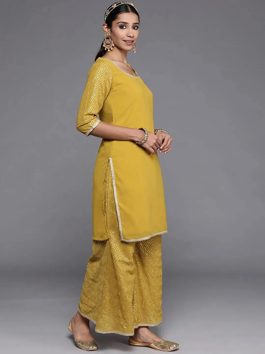 Mustard Solid Georgette Straight Suit Set With Palazzos - Libas 