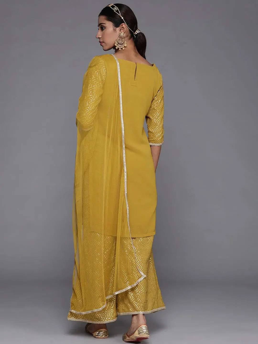 

Mustard Solid Georgette Straight Kurta With Palazzos & Dupatta