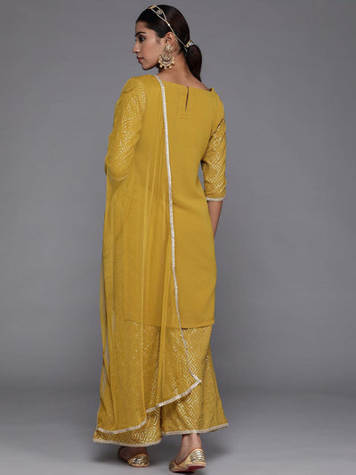 Mustard Solid Georgette Straight Suit Set With Palazzos - Libas