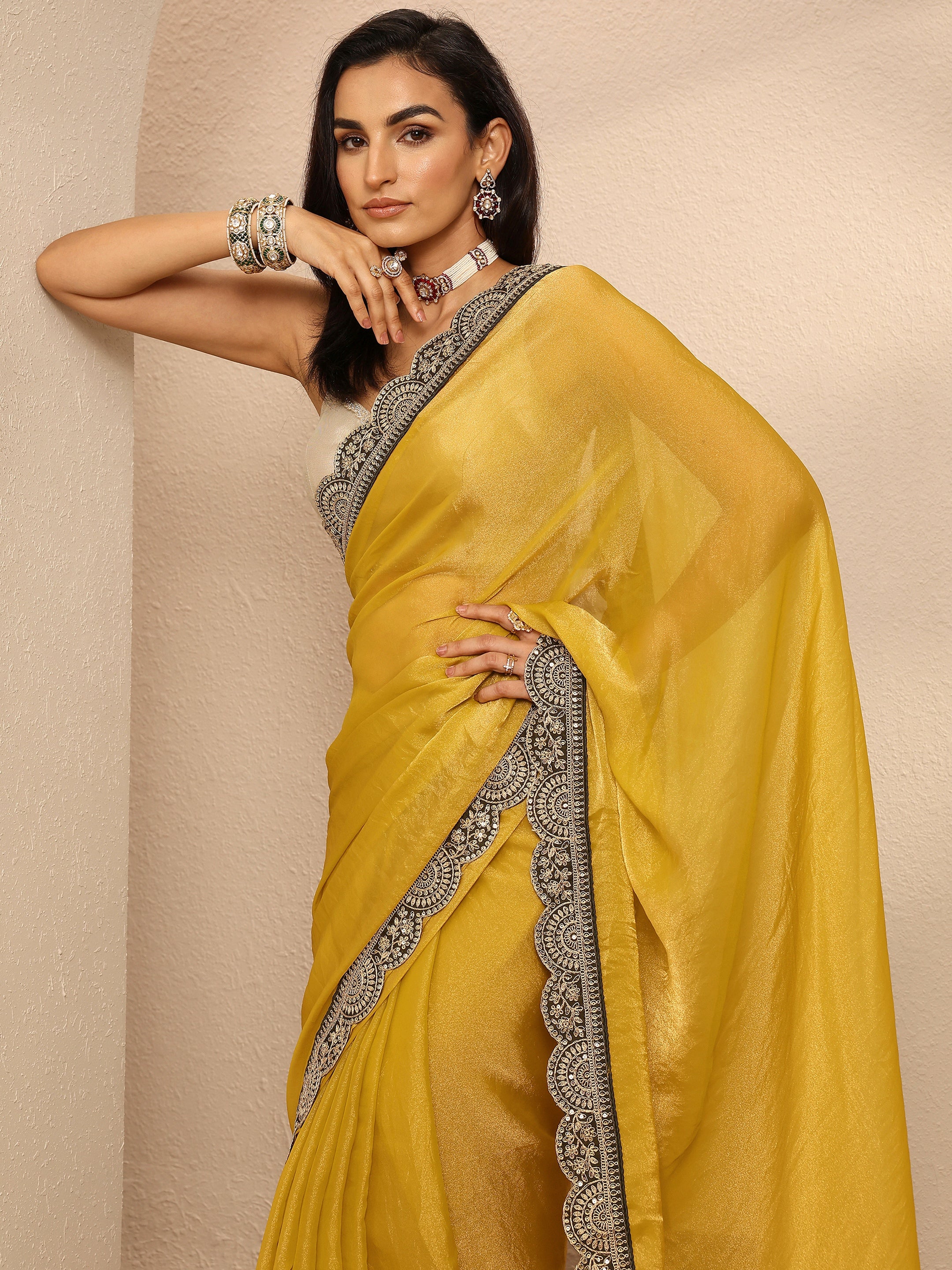 libas Mustard Solid Organza Saree With Unstitched Blouse Piece-picture-29