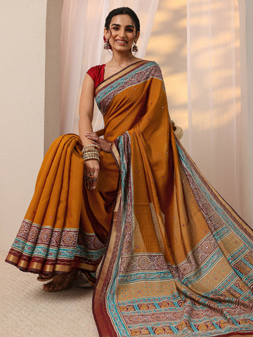 Mustard Solid Silk Blend Saree With Unstitched Blouse Piece