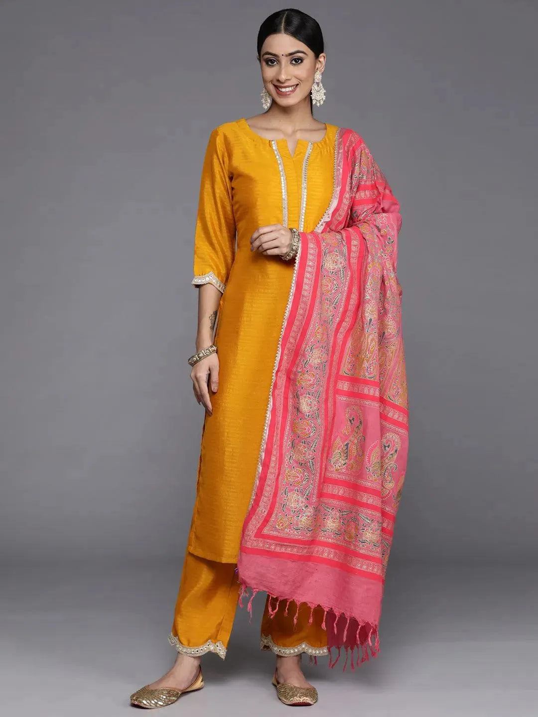 Mustard Solid Silk Blend Straight Suit Set With Trousers - Libas 