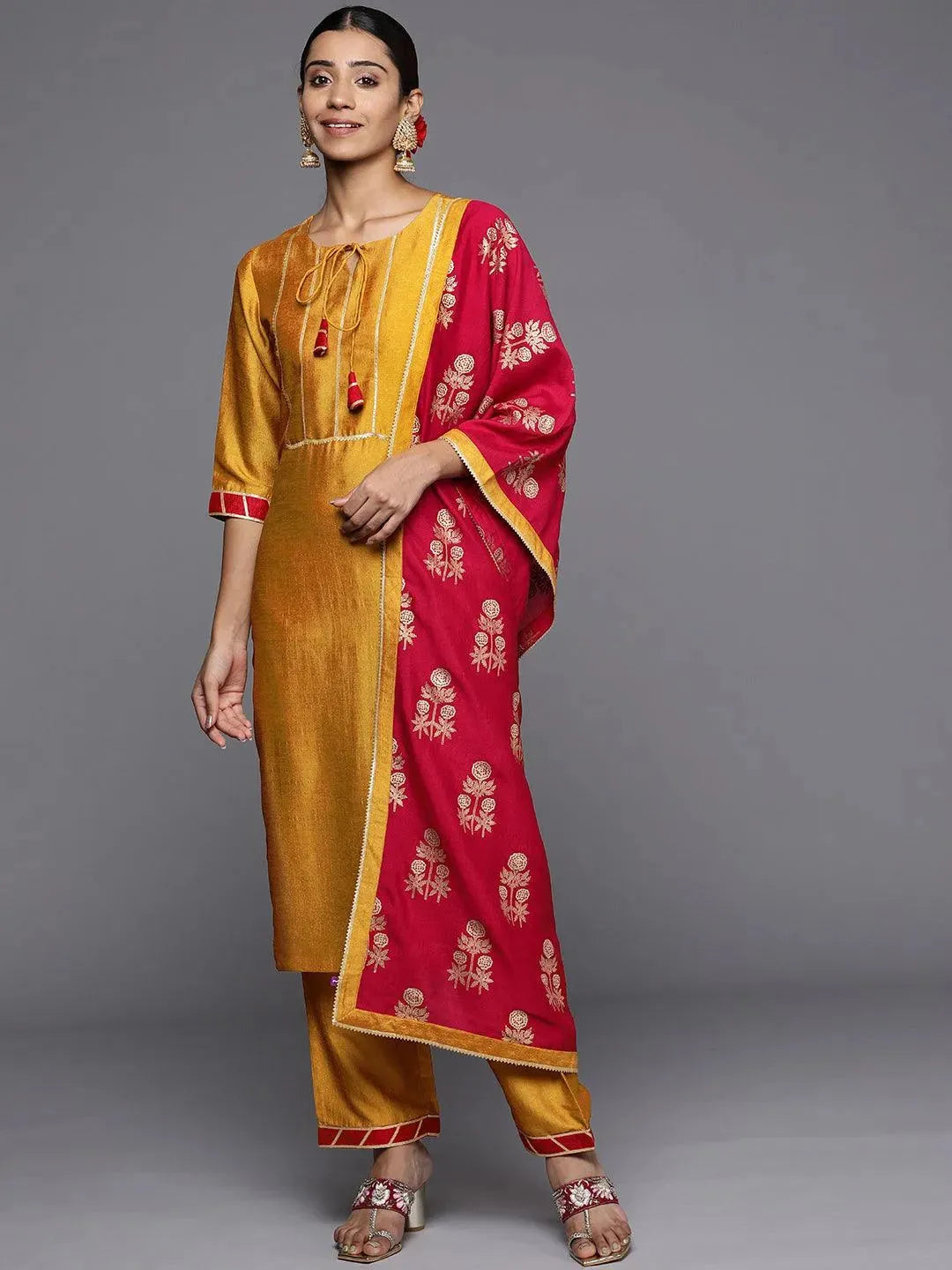 Mustard Solid Silk Blend Straight Suit Set - Libas