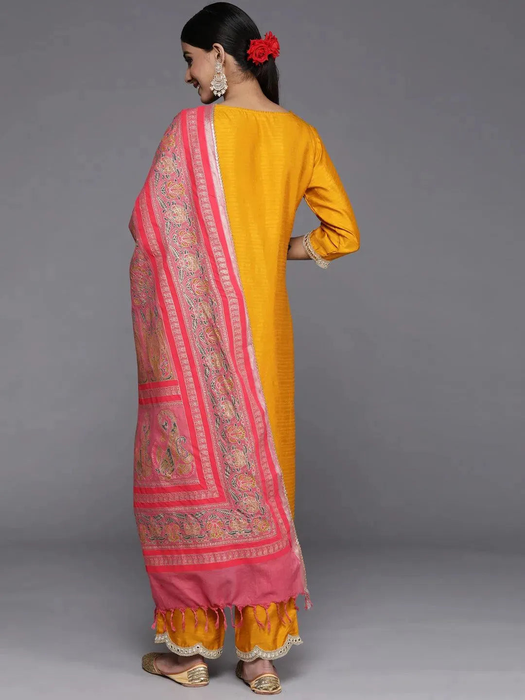 Mustard Solid Silk Blend Straight Suit Set With Trousers - Libas 