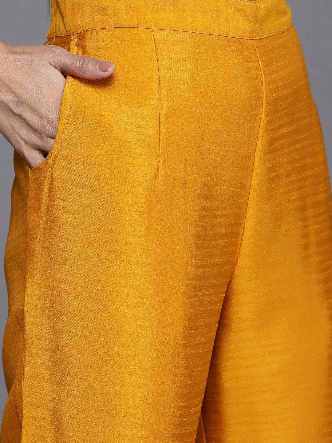 Mustard Solid Silk Blend Straight Suit Set With Trousers - Libas 