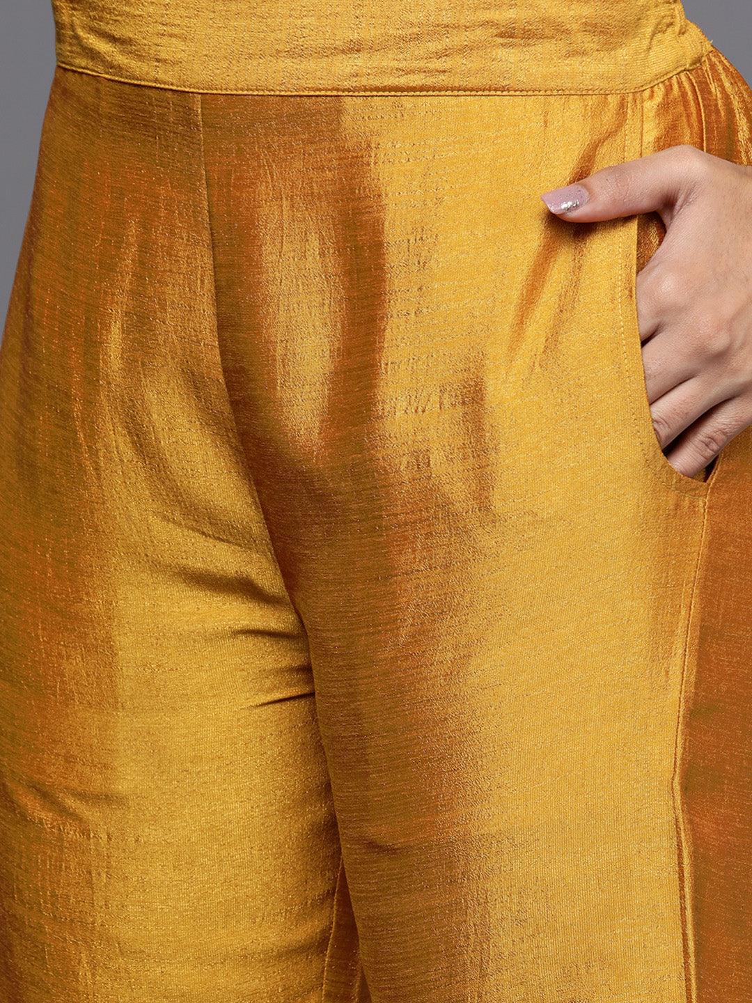 Mustard Solid Silk Blend Straight Suit Set - Libas