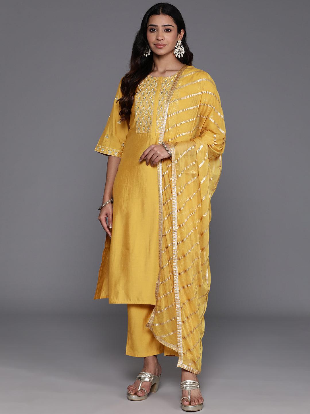 Mustard Solid Silk Blend Straight Suit With Dupatta