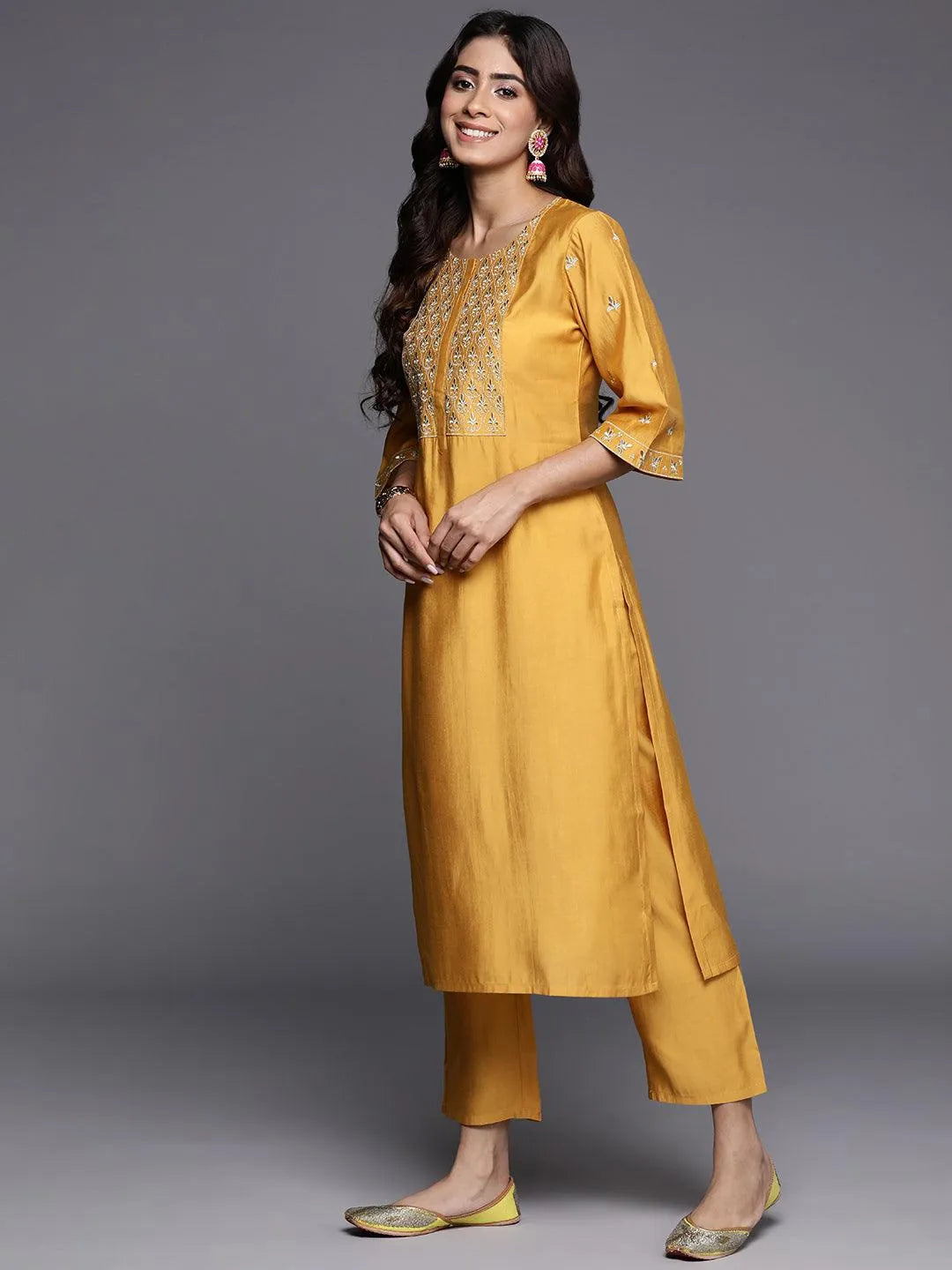 Mustard Solid Silk Blend Straight Kurta With Trousers & Dupatta - Libas 