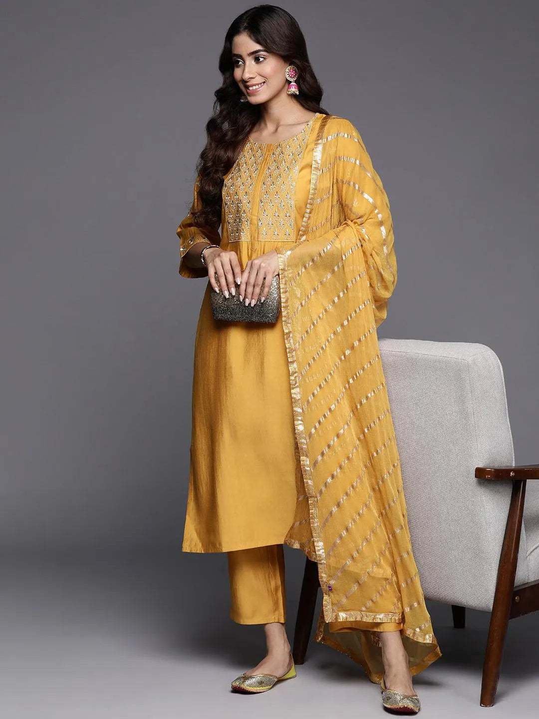 Mustard Solid Silk Blend Straight Kurta With Trousers & Dupatta - Libas 
