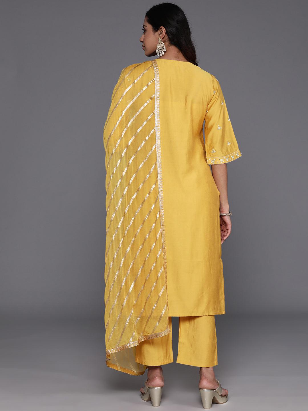 Mustard Solid Silk Blend Straight Suit With Dupatta