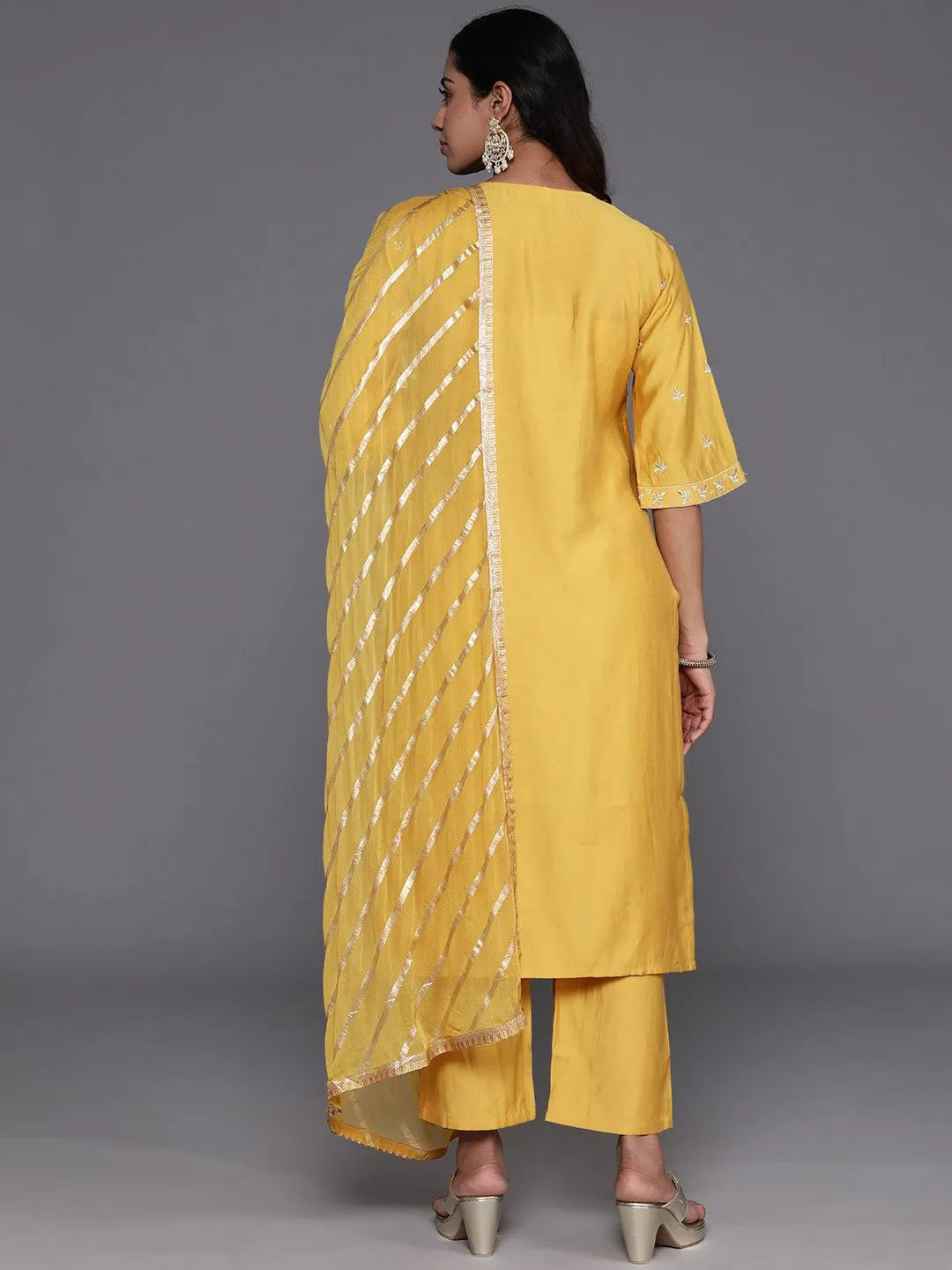 Mustard Solid Silk Blend Straight Kurta With Trousers & Dupatta - Libas