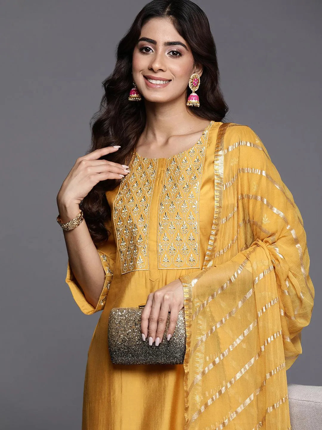 Mustard Solid Silk Blend Straight Kurta With Trousers & Dupatta - Libas 