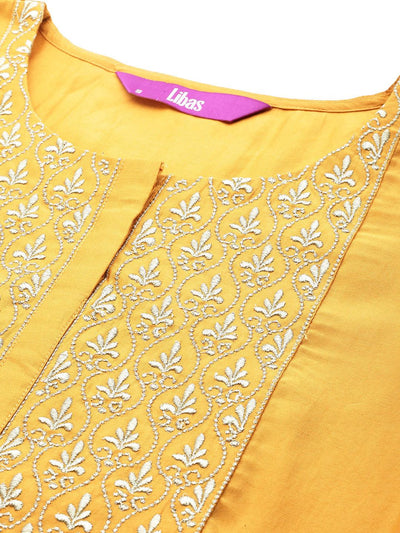 Mustard Solid Silk Blend Straight Kurta With Trousers & Dupatta - Libas