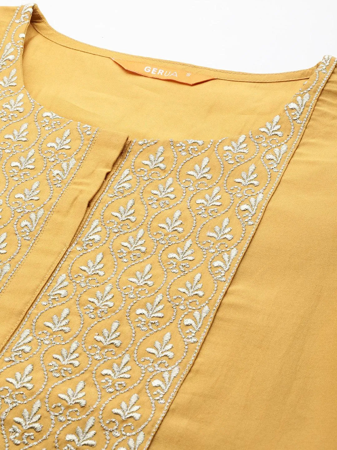 Mustard Solid Silk Blend Straight Kurta With Trousers & Dupatta - Libas 