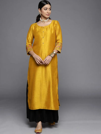 Mustard Solid Silk Kurta - Libas