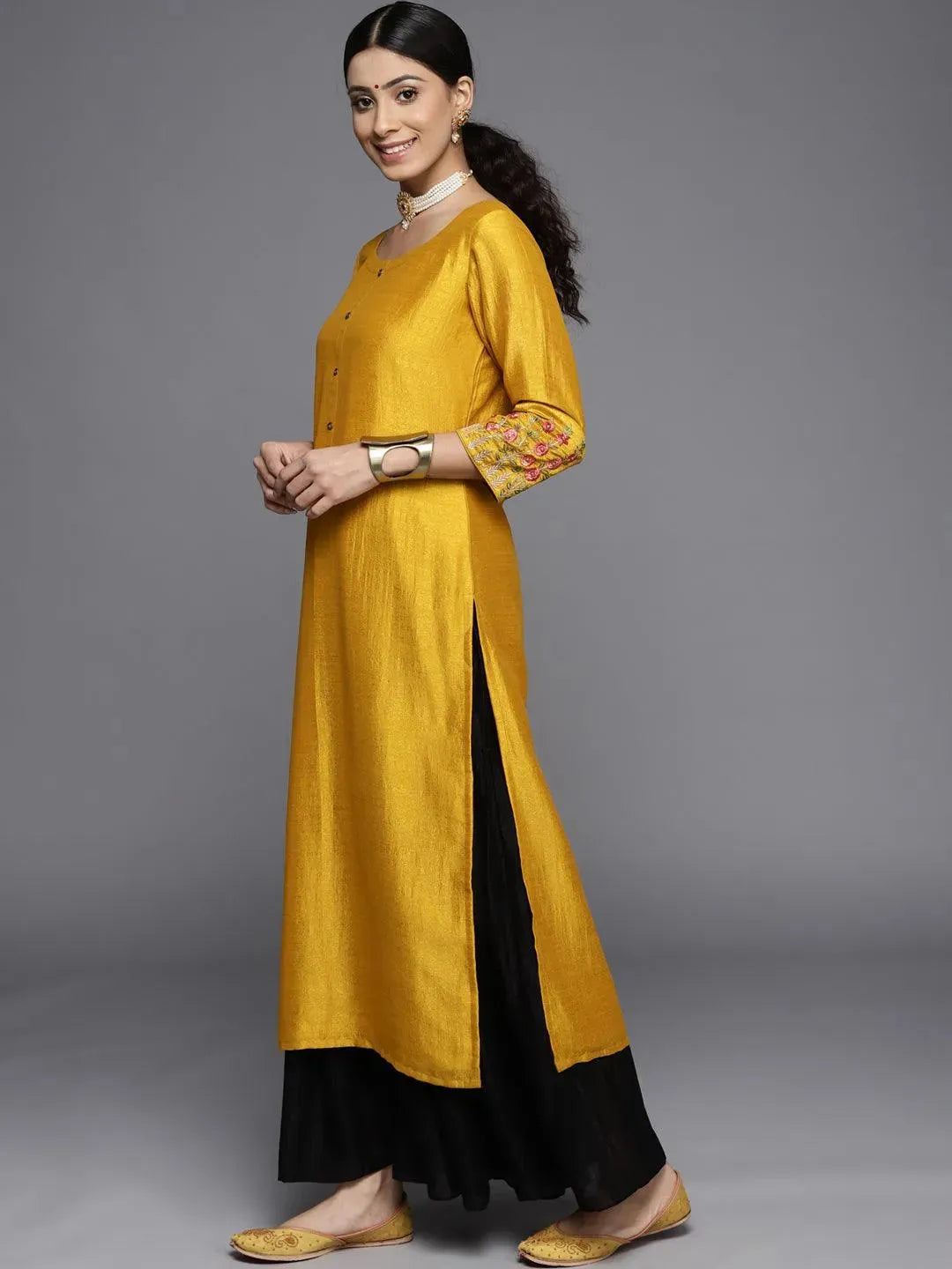 Mustard Solid Silk Kurta - Libas