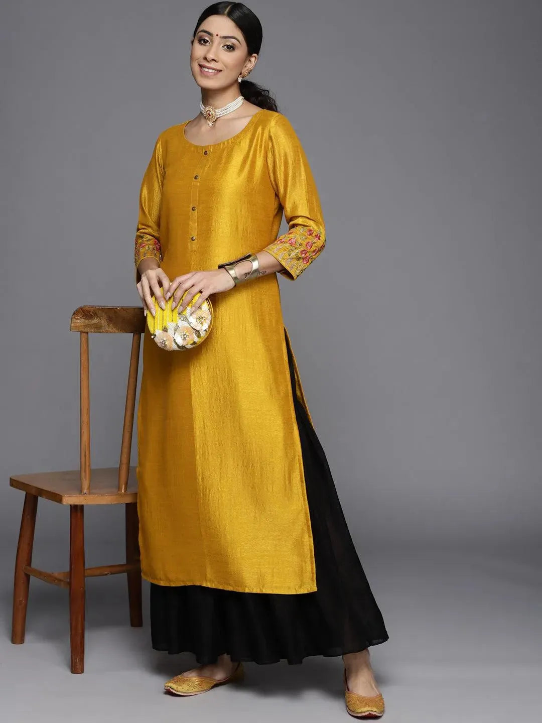 Mustard Solid Silk Kurta - Libas 