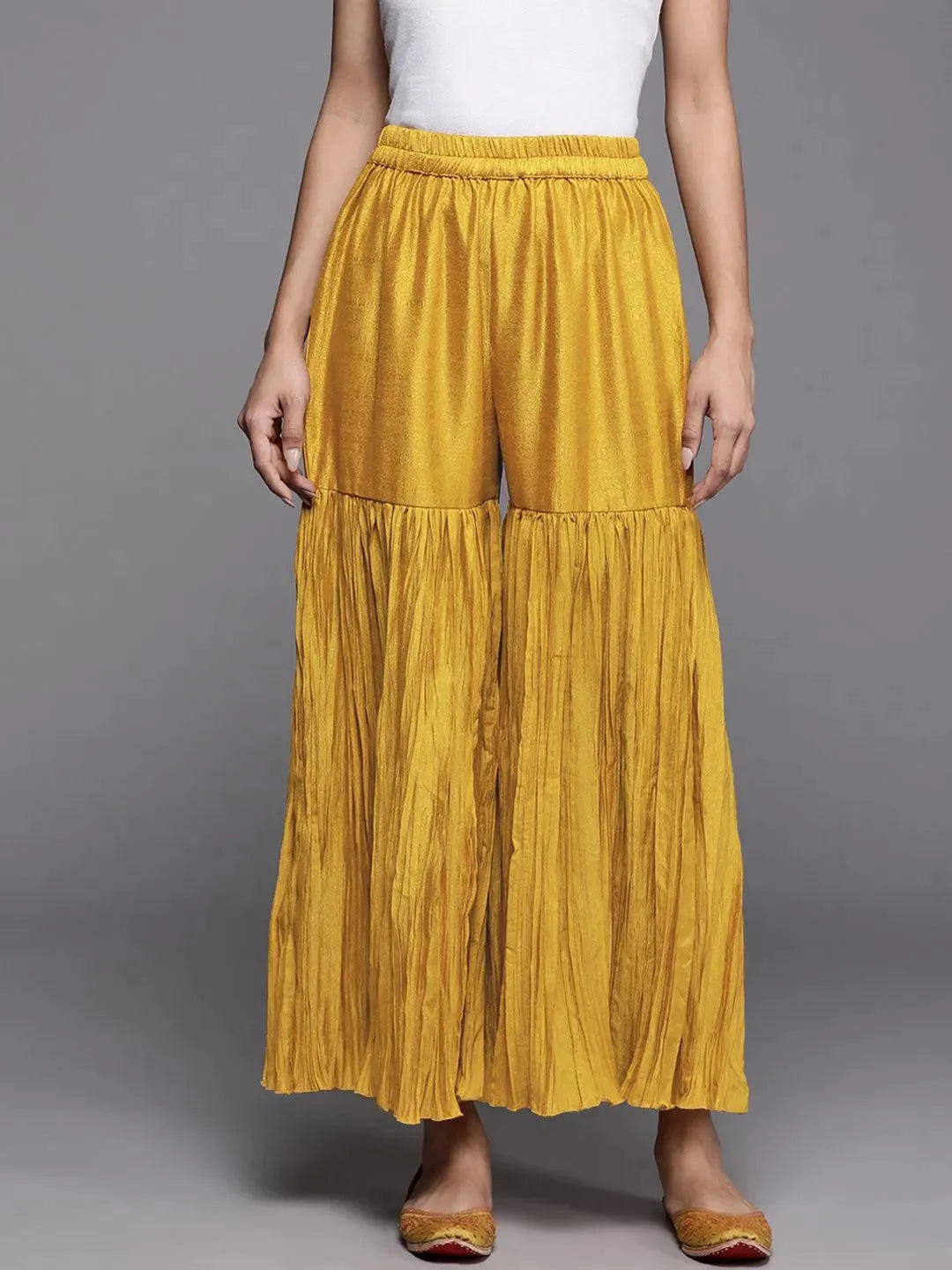 Mustard Solid Silk Palazzos - Libas