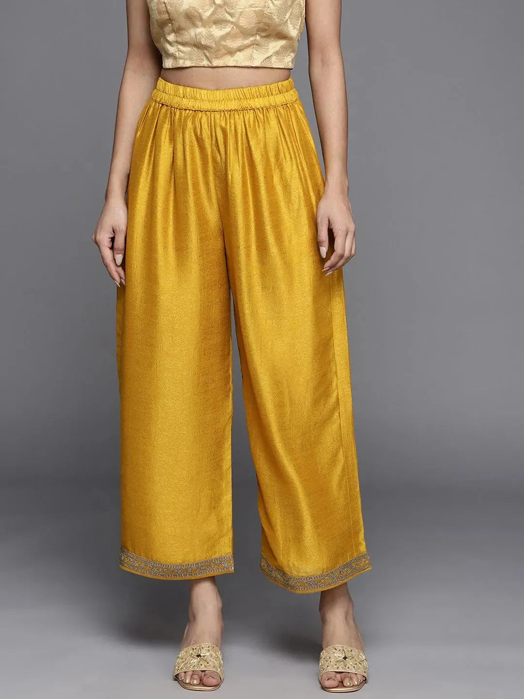 Mustard Solid Silk Palazzos - Libas