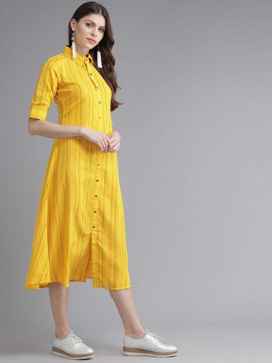 Mustard Striped Cotton Dress - Libas