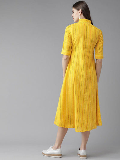 Mustard Striped Cotton Dress - Libas