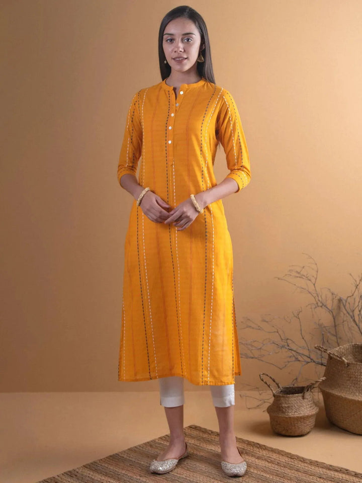 Mustard Striped Cotton Kurta - Libas