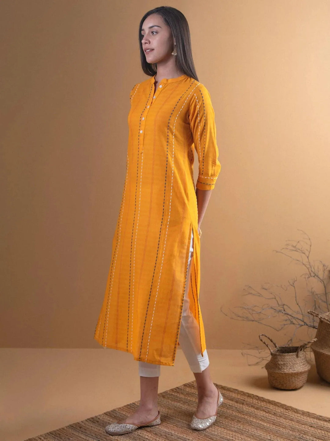 Mustard Striped Cotton Kurta - Libas