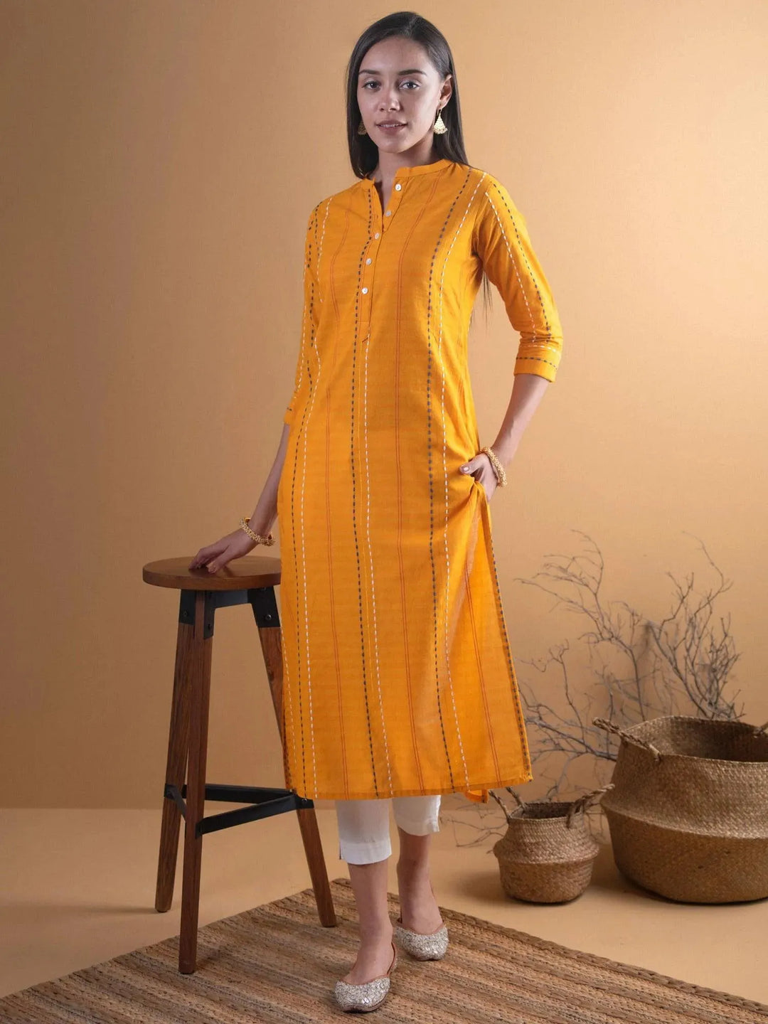 Mustard Striped Cotton Kurta - Libas