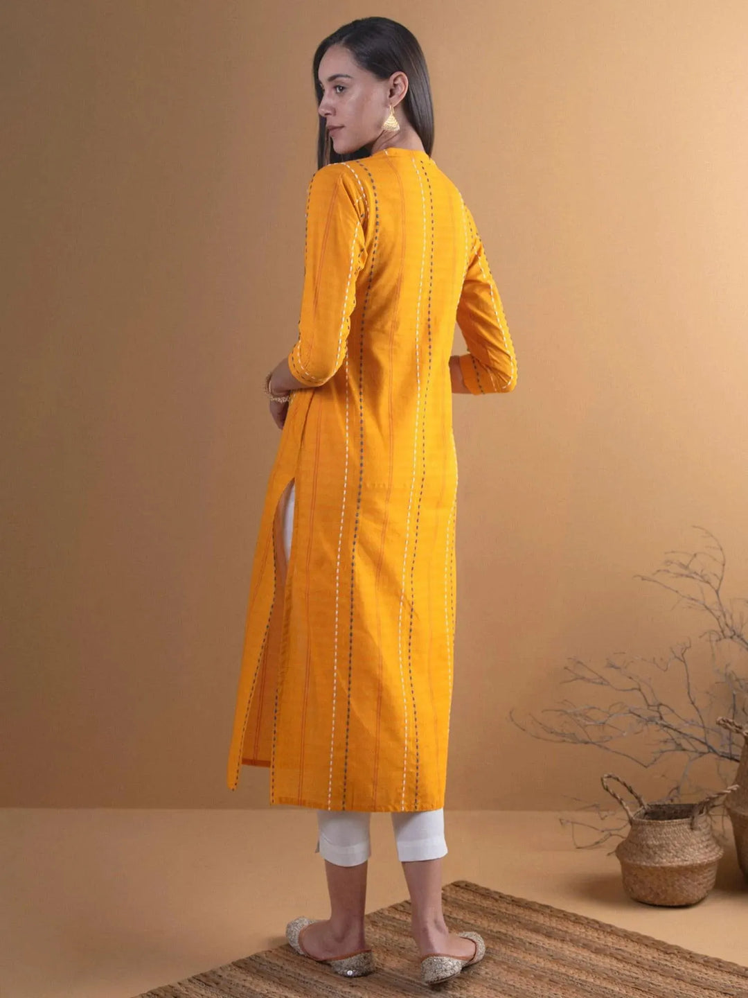 Mustard Striped Cotton Kurta - Libas